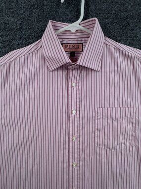 Thomas Pink 16 Slim Cotton Men Point Traveller Pink White Striped Shirt Pocket